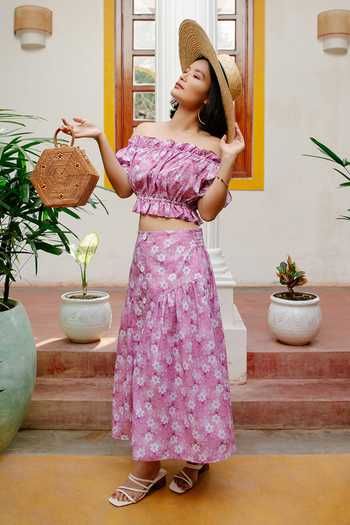 House Of Fett_Pink Cotton Linen Blend Botanica Floral Co-ord Set_Online_at_Aza_Fashions