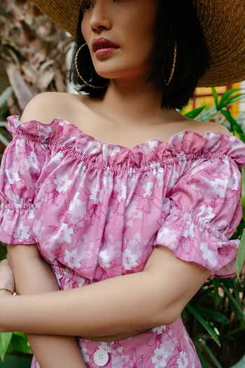 Shop_House Of Fett_Pink Cotton Linen Blend Botanica Floral Co-ord Set_Online_at_Aza_Fashions