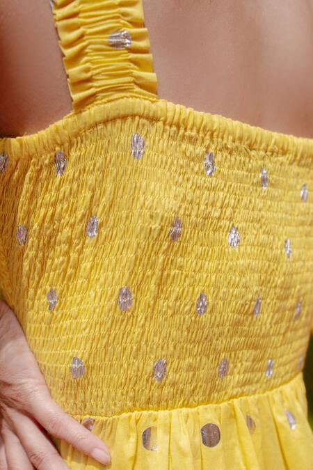 Shop_House Of Fett_Yellow Cotton Dress  Squarejacket  Open With Cape_Online_at_Aza_Fashions