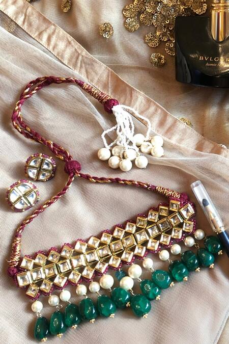 Heer-House Of Jewellery Gold Plated Pearl Maharani Stone Necklace Set Online at Aza Fashions Heer-House Of Jewellery_Gold Plated Pearl Maharani Stone Necklace Set_Online_at_Aza_Fashions