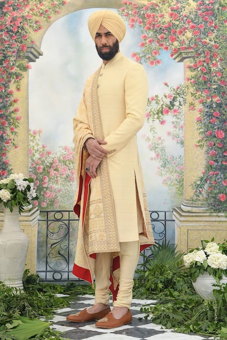 Punit Arora Cream Silk Bead And Sequin, Dabka Sherwani Set 