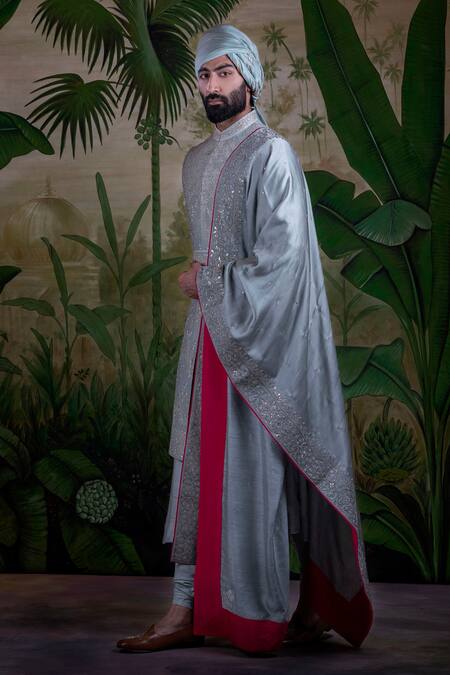 Buy_Punit Arora_Grey Silk Thread Work Embroidered Sherwani Set _Online_at_Aza_Fashions