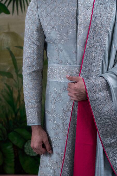 Shop_Punit Arora_Grey Silk Thread Work Embroidered Sherwani Set _Online_at_Aza_Fashions