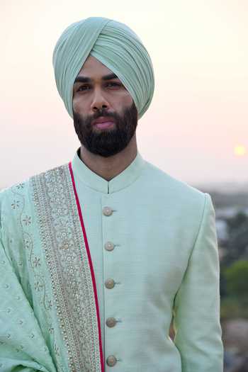 Punit Arora_Blue Silk Dori, Pearl And Dabka, Thread Sherwani Set _Online_at_Aza_Fashions