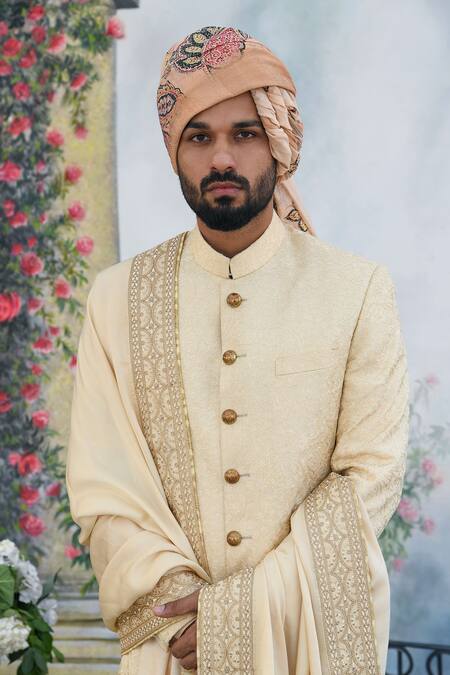 Punit Arora_White Silk Zari And Thread Sherwani Set _Online_at_Aza_Fashions