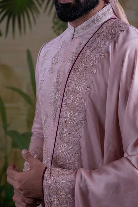 Buy_Punit Arora_Pink Silk Floral Embroidered Sherwani Set _Online_at_Aza_Fashions