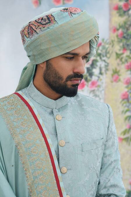 Punit Arora_Grey Silk Aari, Dori And Sequin Sherwani Set _Online_at_Aza_Fashions