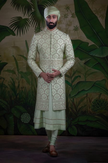 Punit Arora_Green Silk Thread, Tilla, Zardozi Embroidered Sherwani Set _Online_at_Aza_Fashions