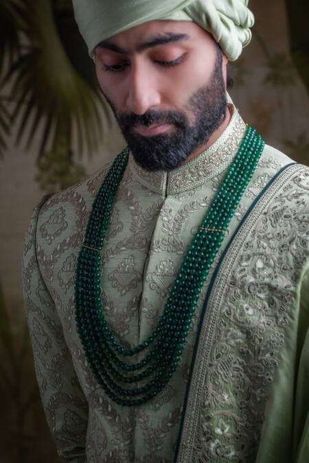 Buy_Punit Arora_Green Silk Thread, Tilla, Zardozi Embroidered Sherwani Set _Online_at_Aza_Fashions