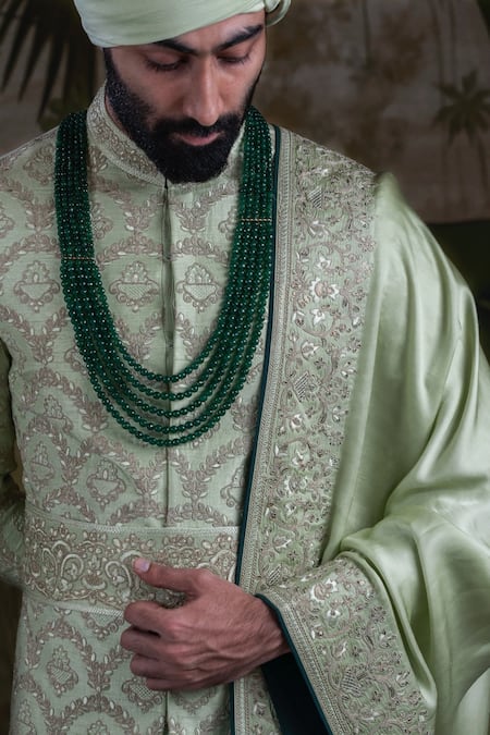 Shop_Punit Arora_Green Silk Thread, Tilla, Zardozi Embroidered Sherwani Set _Online_at_Aza_Fashions