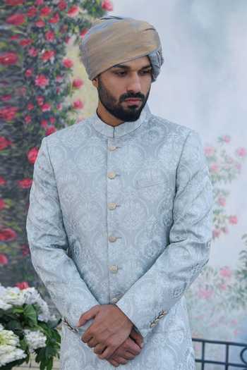 Punit Arora_Blue Silk Thread And Dabka Sherwani Set _Online_at_Aza_Fashions