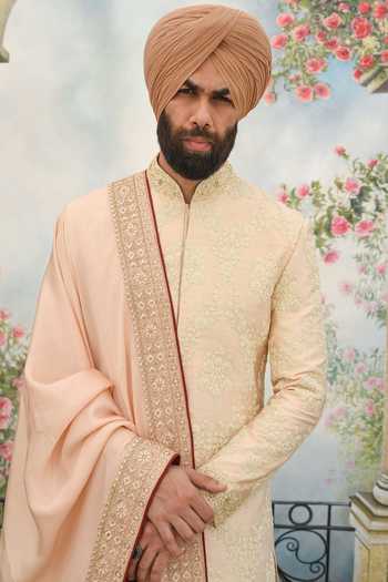 Punit Arora_Peach Silk Zari Sherwani Set _Online_at_Aza_Fashions