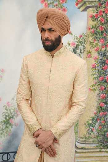Buy_Punit Arora_Peach Silk Zari Sherwani Set _Online_at_Aza_Fashions