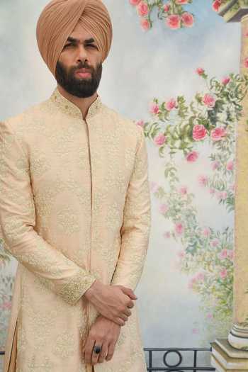 Shop_Punit Arora_Peach Silk Zari Sherwani Set _Online_at_Aza_Fashions