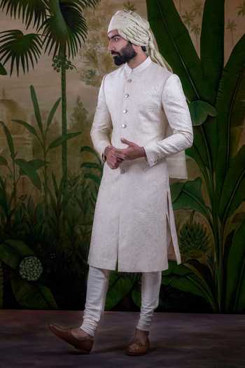 Punit Arora_Ivory Silk Jacquard Cord And Thread Work Ornamental Embroidered Sherwani Set _Online_at_Aza_Fashions