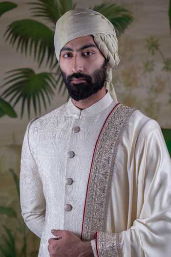 Shop_Punit Arora_Ivory Silk Jacquard Cord And Thread Work Ornamental Embroidered Sherwani Set _Online_at_Aza_Fashions