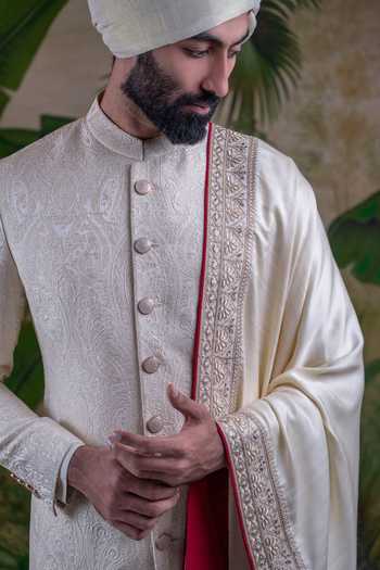 Punit Arora_Ivory Silk Jacquard Cord And Thread Work Ornamental Embroidered Sherwani Set _at_Aza_Fashions
