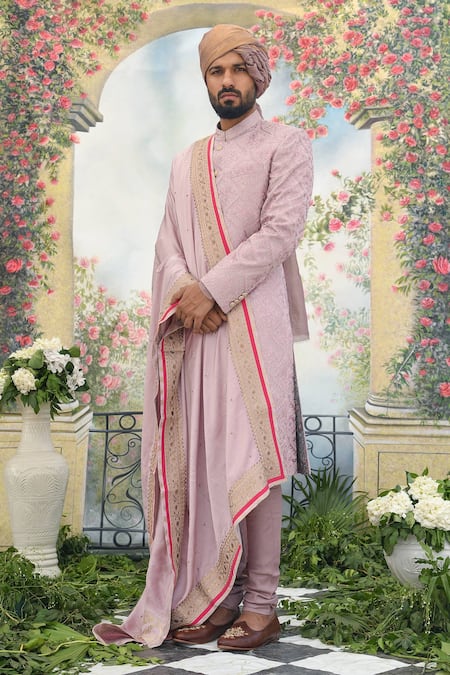 Punit Arora Pink Silk Embroidery Thread Sherwani Set 