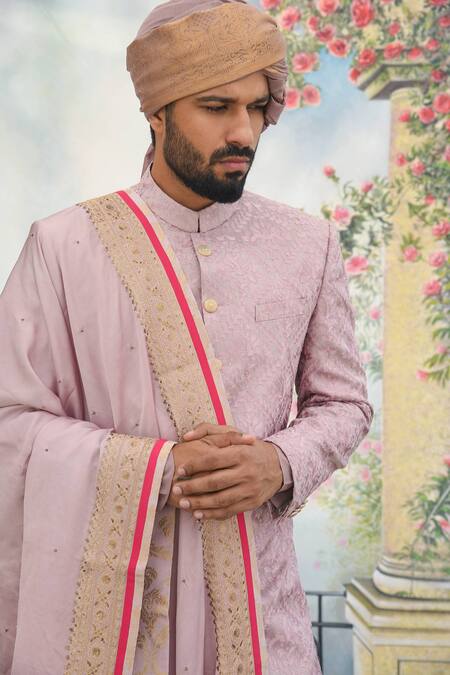 Punit Arora_Pink Silk Thread Sherwani Set _Online_at_Aza_Fashions