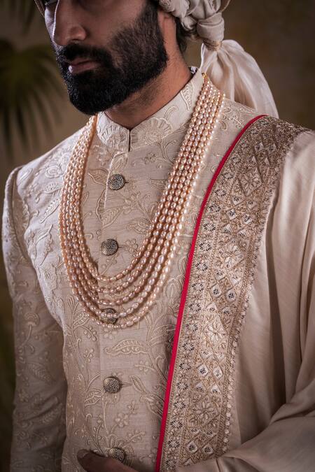 Shop_Punit Arora_Peach Silk Jacquard Sequin And Thread Work Floral Embroidered Sherwani Set _Online_at_Aza_Fashions
