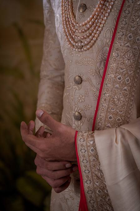 Punit Arora_Peach Silk Jacquard Sequin And Thread Work Floral Embroidered Sherwani Set _at_Aza_Fashions