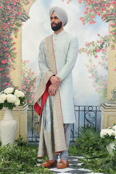 Punit Arora Grey Silk Pearl, Thread, Dabka And Sequin Sherwani Set 