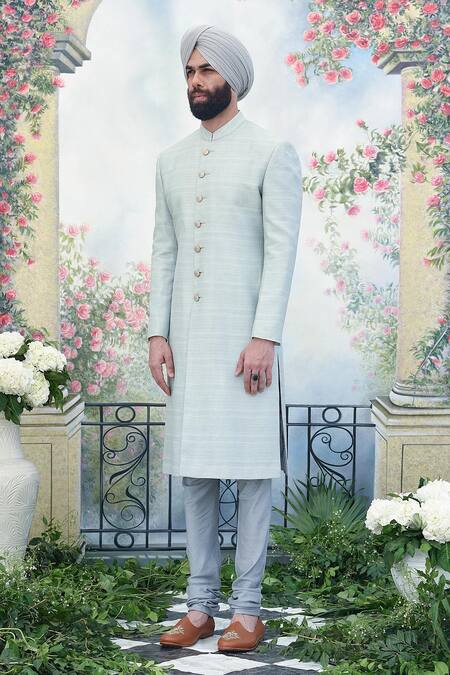 Punit Arora_Grey Silk Pearl, Thread, Dabka And Sequin Sherwani Set _Online_at_Aza_Fashions