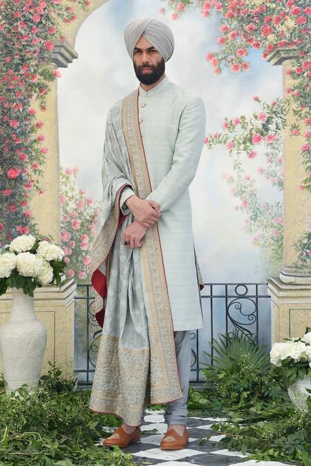 Buy_Punit Arora_Grey Silk Pearl, Thread, Dabka And Sequin Sherwani Set _Online_at_Aza_Fashions