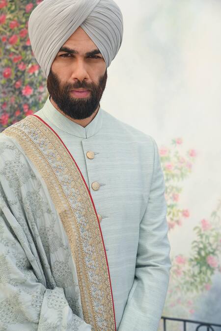 Shop_Punit Arora_Grey Silk Pearl, Thread, Dabka And Sequin Sherwani Set _Online_at_Aza_Fashions