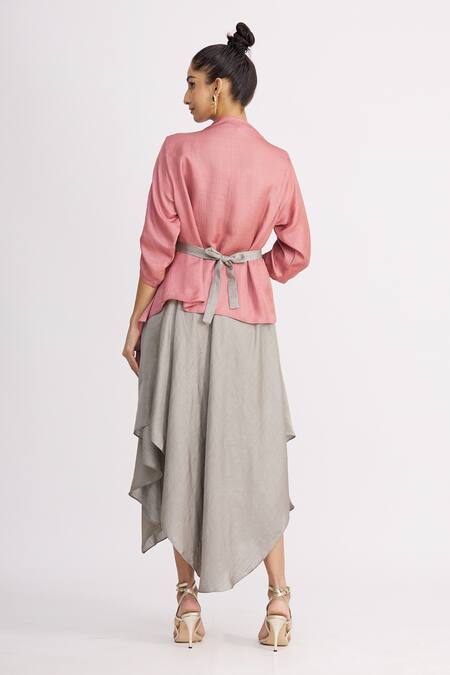 Shop_Harsh Harsh_Grey Dupion Silk Dress V Neck, Jacket Open Strappy And Draped Set _at_Aza_Fashions