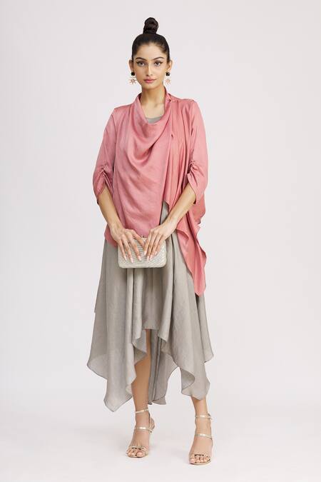Buy_Harsh Harsh_Grey Dupion Silk Dress V Neck, Jacket Open Strappy And Draped Set _Online_at_Aza_Fashions