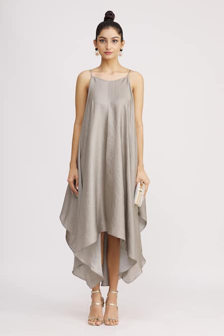 Shop_Harsh Harsh_Grey Dupion Silk Dress V Neck, Jacket Open Strappy And Draped Set _Online_at_Aza_Fashions
