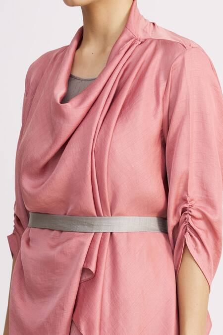 Harsh Harsh_Grey Dupion Silk Dress V Neck, Jacket Open Strappy And Draped Set _at_Aza_Fashions