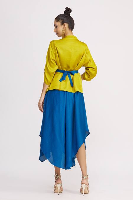 Shop_Harsh Harsh_Blue Dupion Silk Dress V Neck, Jacket Open Sleeveless And Draped Set _at_Aza_Fashions