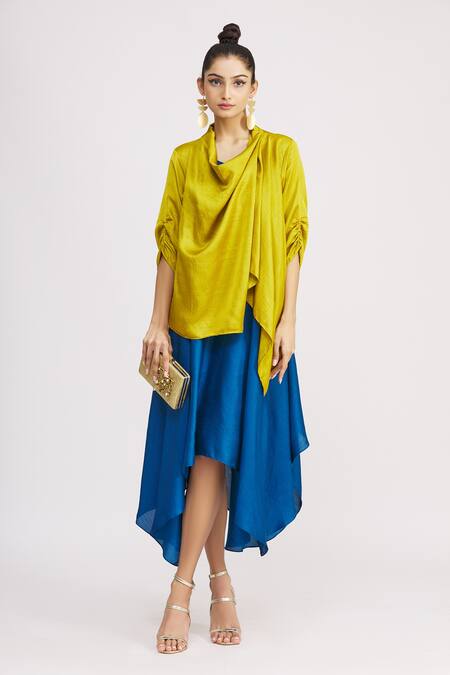 Harsh Harsh_Blue Dupion Silk Dress V Neck, Jacket Open Sleeveless And Draped Set _Online_at_Aza_Fashions