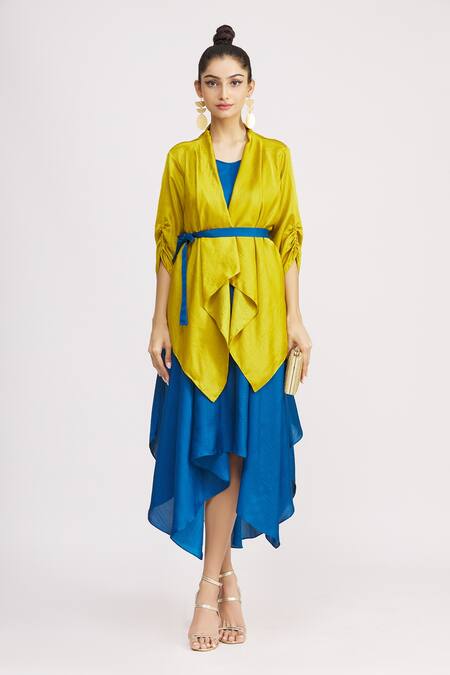 Buy_Harsh Harsh_Blue Dupion Silk Dress V Neck, Jacket Open Sleeveless And Draped Set _Online_at_Aza_Fashions