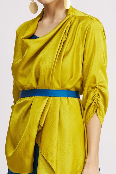 Harsh Harsh_Blue Dupion Silk Dress V Neck, Jacket Open Sleeveless And Draped Set _at_Aza_Fashions