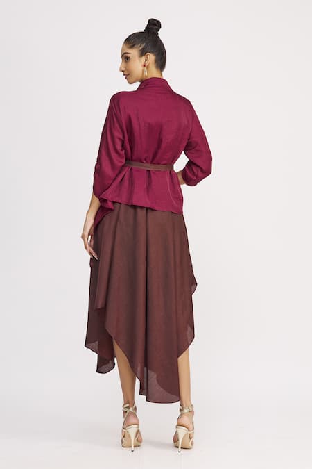 Shop_Harsh Harsh_Maroon Dupion Silk Dress V Neck, Jacket Open Strappy And Draped Set _at_Aza_Fashions