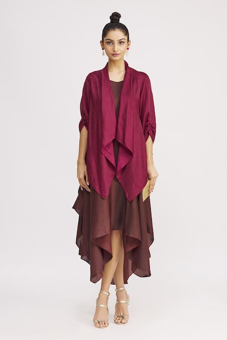 Buy_Harsh Harsh_Maroon Dupion Silk Dress V Neck, Jacket Open Strappy And Draped Set _Online_at_Aza_Fashions