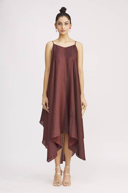 Shop_Harsh Harsh_Maroon Dupion Silk Dress V Neck, Jacket Open Strappy And Draped Set _Online_at_Aza_Fashions