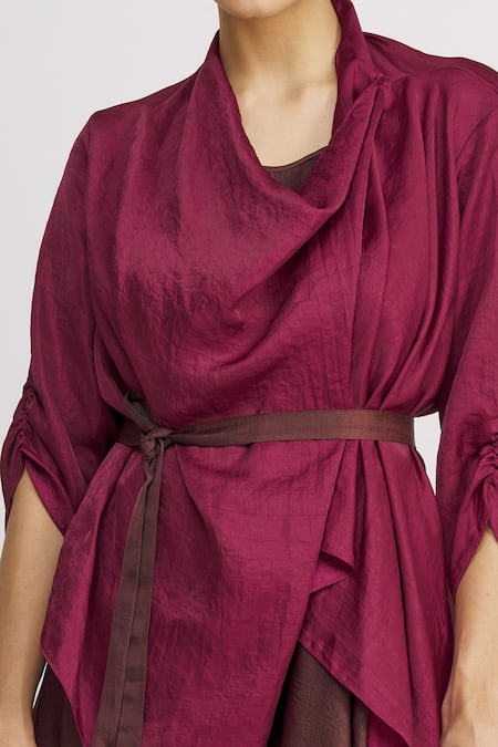 Harsh Harsh_Maroon Dupion Silk Dress V Neck, Jacket Open Strappy And Draped Set _at_Aza_Fashions