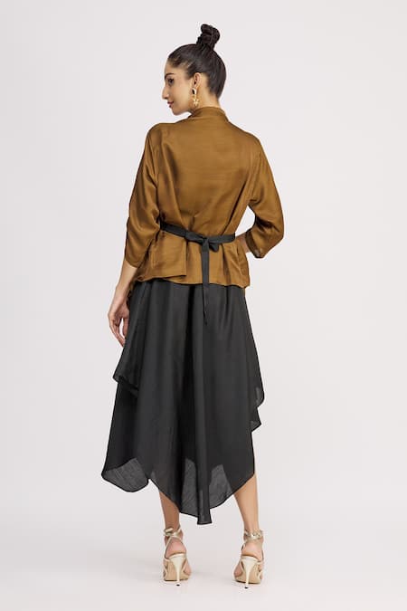 Shop_Harsh Harsh_Black Dupion Silk Dress V Neck, Jacket Open Strappy And Draped Set _at_Aza_Fashions