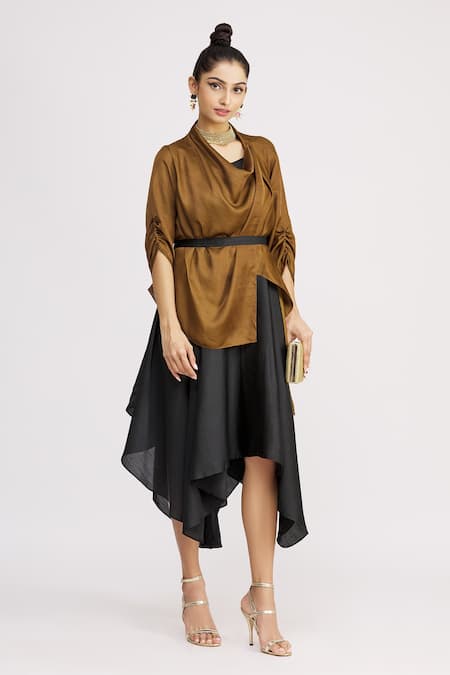 Harsh Harsh_Black Dupion Silk Dress V Neck, Jacket Open Strappy And Draped Set _Online_at_Aza_Fashions