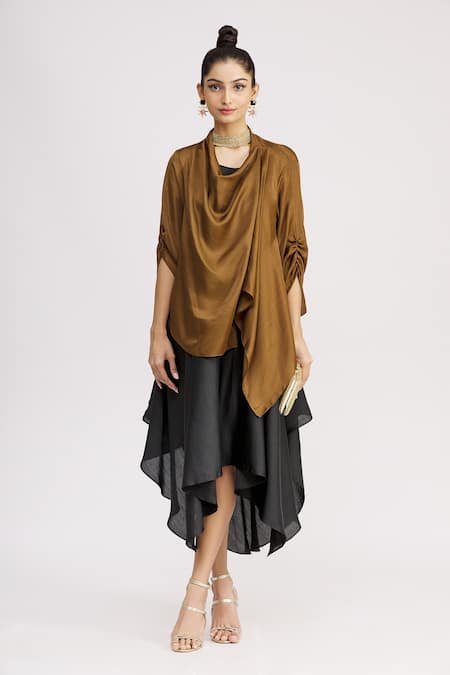 Buy_Harsh Harsh_Black Dupion Silk Dress V Neck, Jacket Open Strappy And Draped Set _Online_at_Aza_Fashions