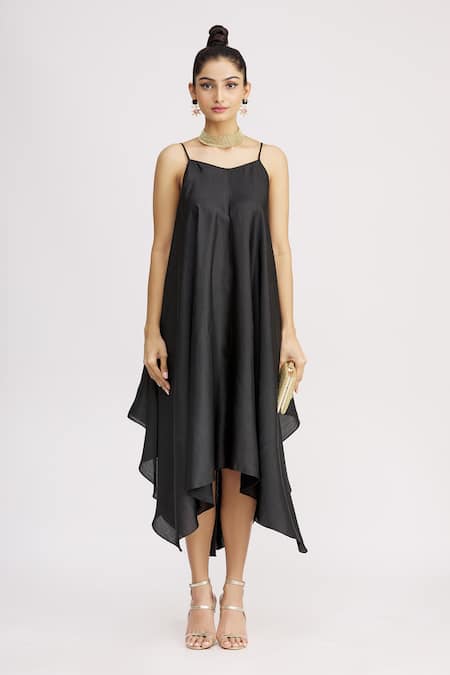 Shop_Harsh Harsh_Black Dupion Silk Dress V Neck, Jacket Open Strappy And Draped Set _Online_at_Aza_Fashions