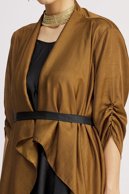 Harsh Harsh_Black Dupion Silk Dress V Neck, Jacket Open Strappy And Draped Set _at_Aza_Fashions