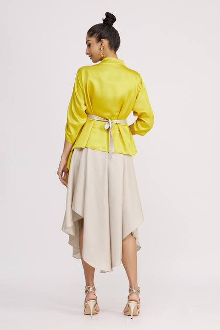 Shop_Harsh Harsh_White Dupion Silk Dress V Neck, Jacket Open Sleeveless And Draped Set _at_Aza_Fashions