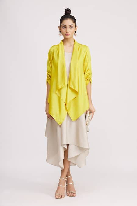 Harsh Harsh_White Dupion Silk Dress V Neck, Jacket Open Sleeveless And Draped Set _Online_at_Aza_Fashions