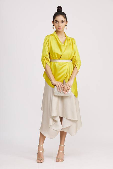 Buy_Harsh Harsh_White Dupion Silk Dress V Neck, Jacket Open Sleeveless And Draped Set _Online_at_Aza_Fashions