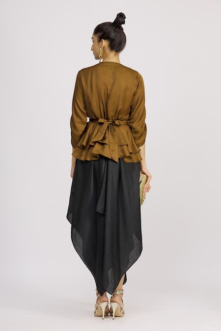 Shop_Harsh Harsh_Yellow Dupion Silk Plain V Neck Gathered Sleeve Peplum Top  _at_Aza_Fashions
